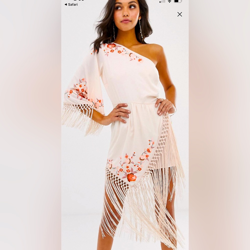 ⭐️ASOS one shouldered gorgeous dress with fringing & flowers US 4 NWOT